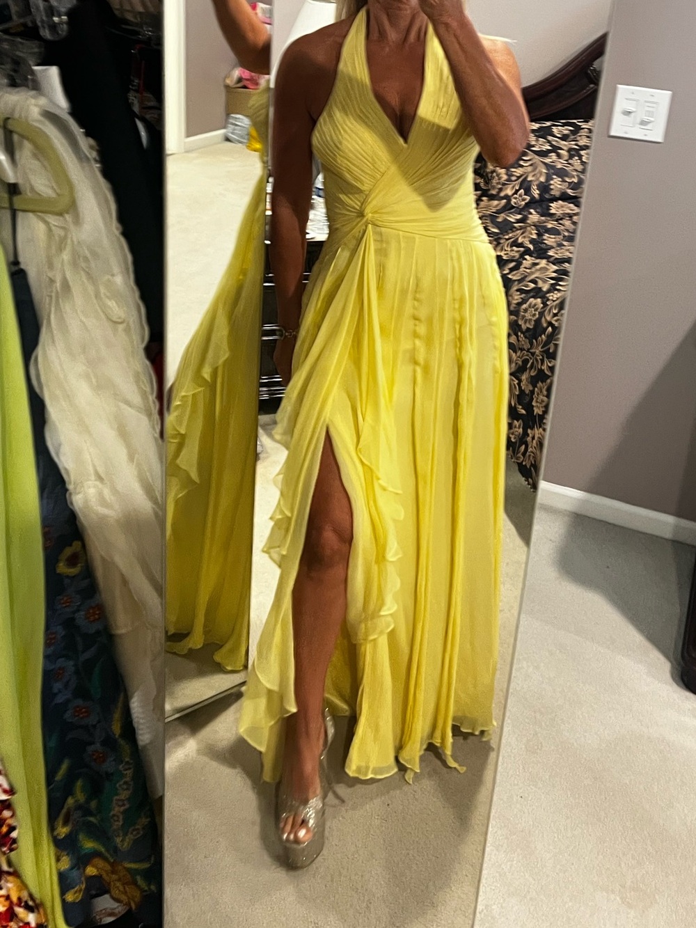 BCBG Maxazria size 2 Yellow Halter Maxi Dress with Front Slit -